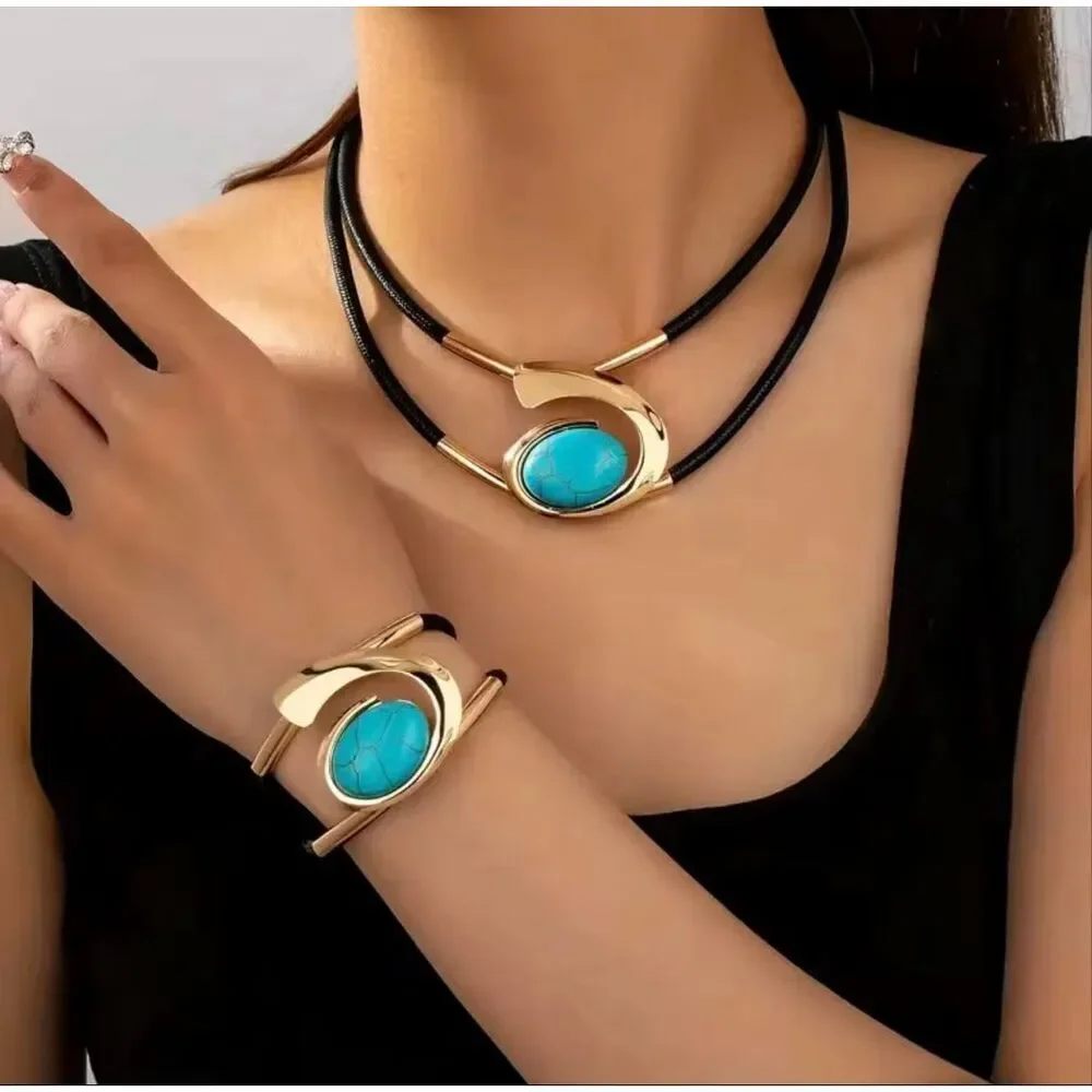 Zara Gold Turquoise Jewelry Set Necklace Bracelet Statement Boho Adjustable NWOT